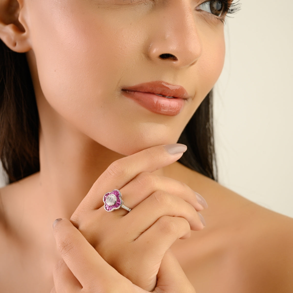 Sterling Silver Floral Ring with Pink and White CZ