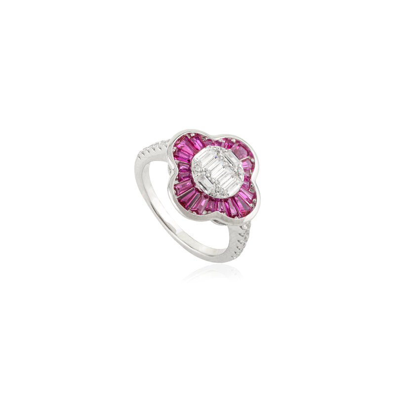 Sterling Silver Floral Ring with Pink and White CZ