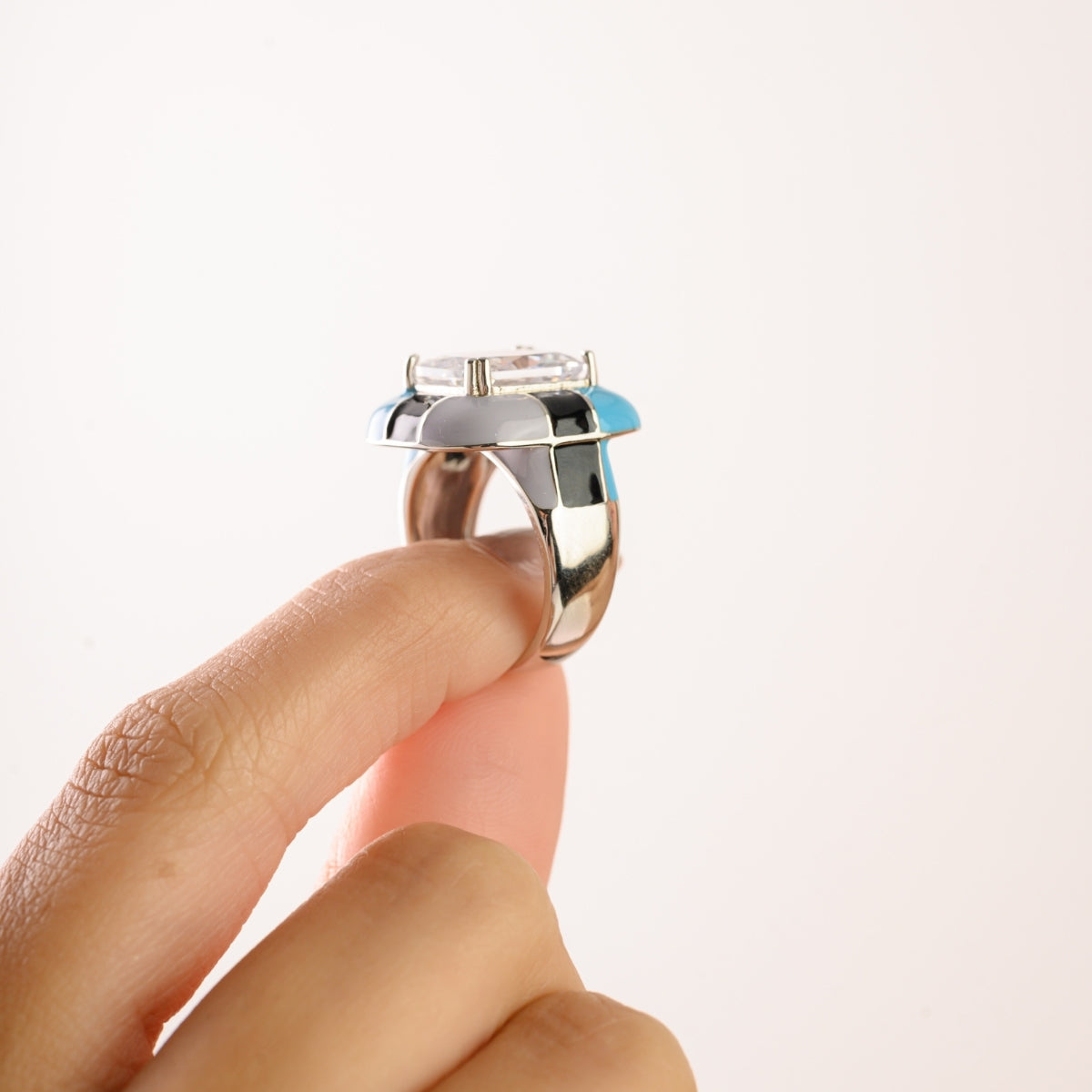 Vibrant Enamel and Solitaire CZ Silver Bold Look Ring