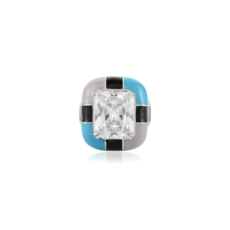 Vibrant Enamel and Solitaire CZ Silver Bold Look Ring