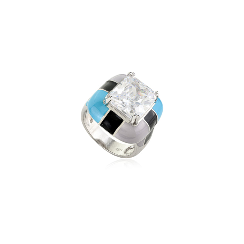 Vibrant Enamel and Solitaire CZ Silver Bold Look Ring