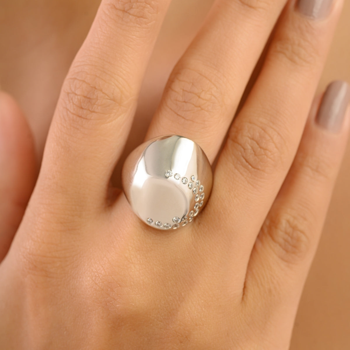 White CZ Studded Chunky Ring in Silver