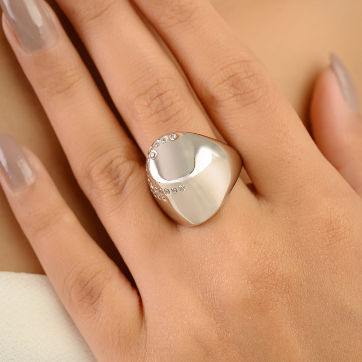 White CZ Studded Chunky Ring in Silver