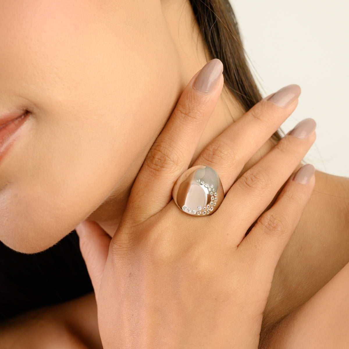 White CZ Studded Chunky Ring in Silver