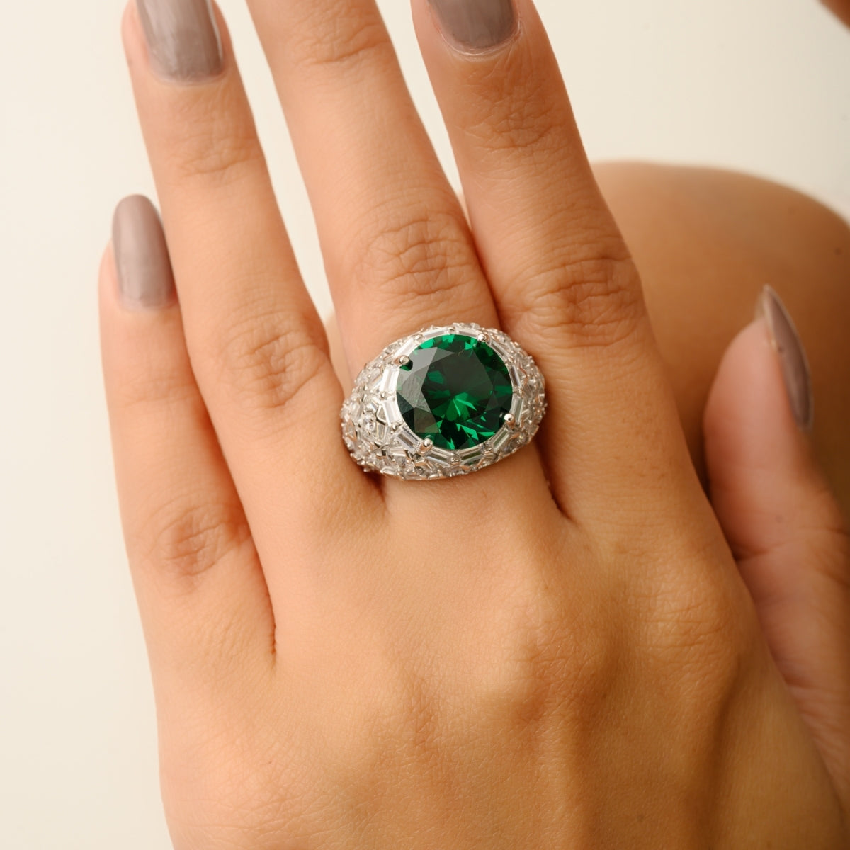 Bold Chunky ring in Sterling Silver with Green CZ Solitaire