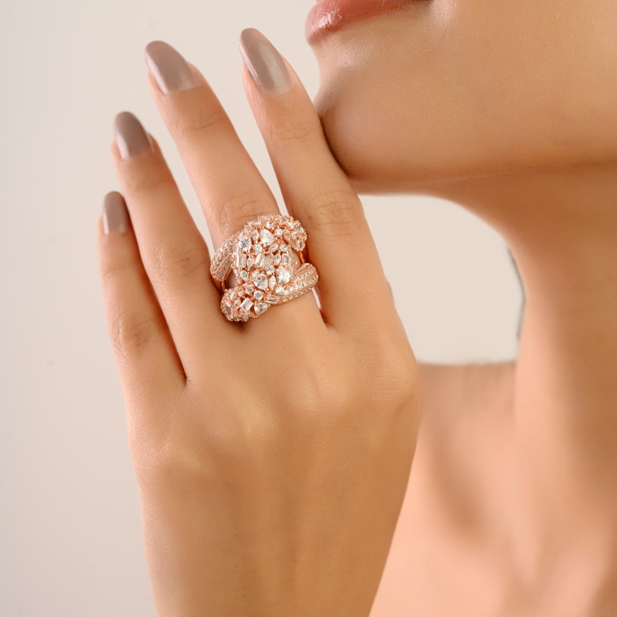 Multi Cut White CZ Studded Chunky Silver Ring 18k Rose Gold