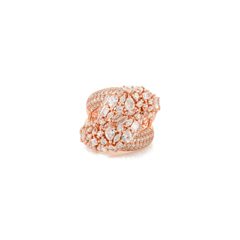 Multi Cut White CZ Studded Chunky Silver Ring 18k Rose Gold