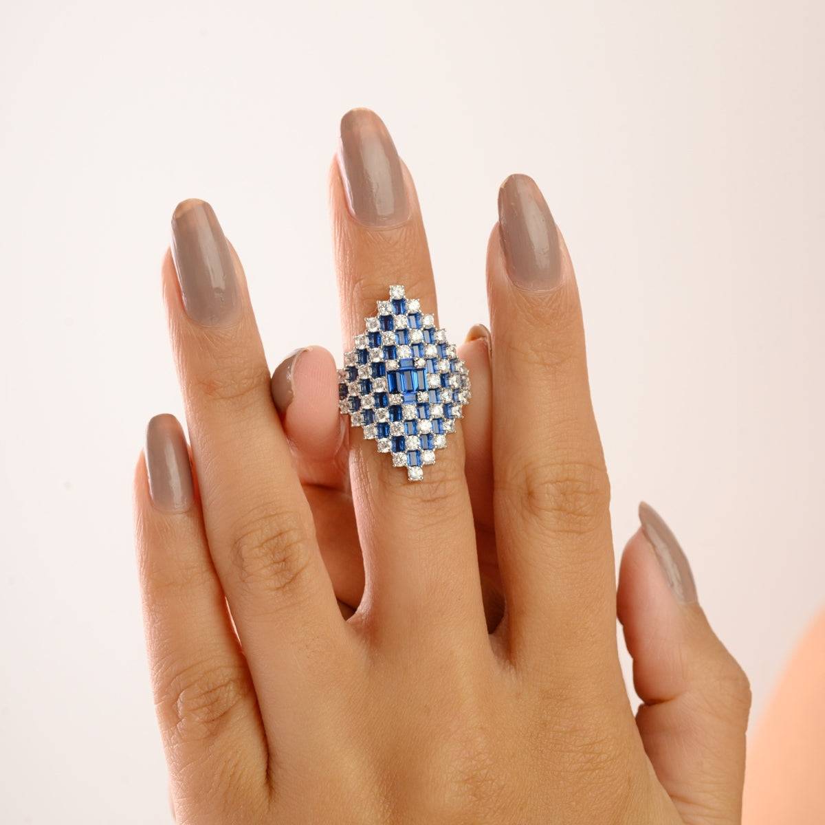Retro Art Deco Style Silver Ring with Blue and White CZ Studded