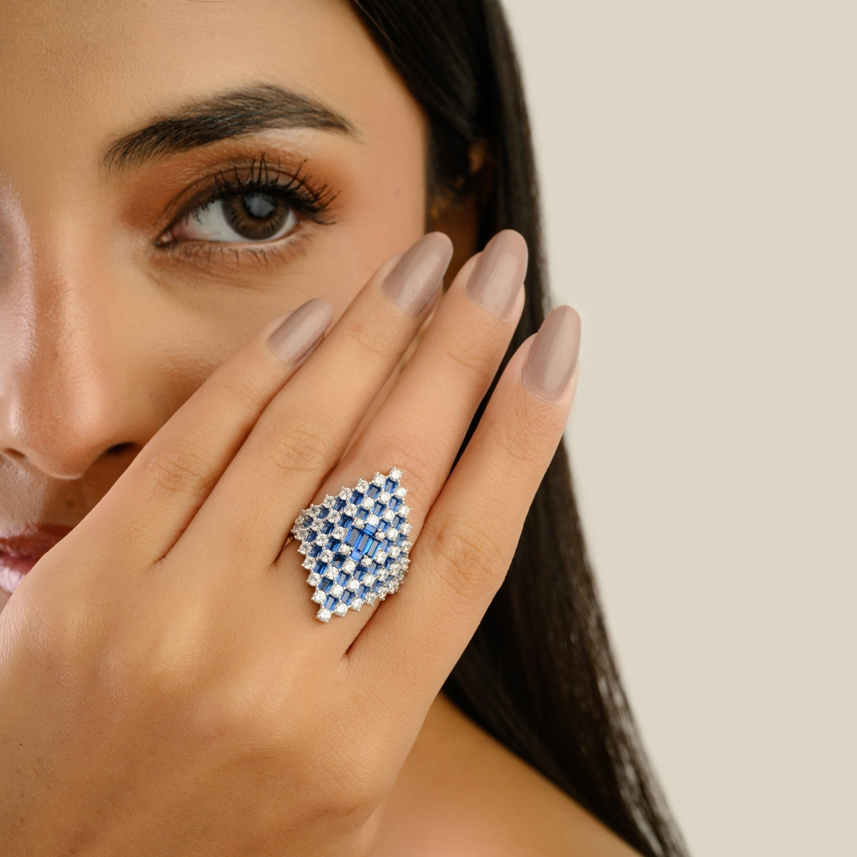 Retro Art Deco Style Silver Ring with Blue and White CZ Studded