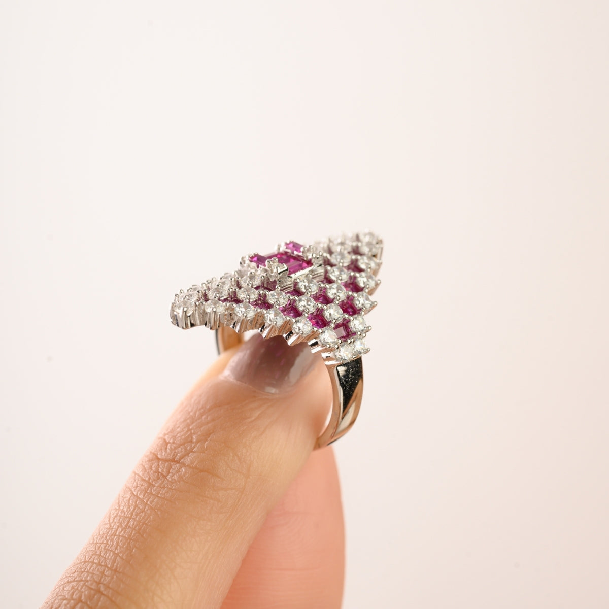 Retro Art Deco Style Silver Ring with Pink and White CZ Studded