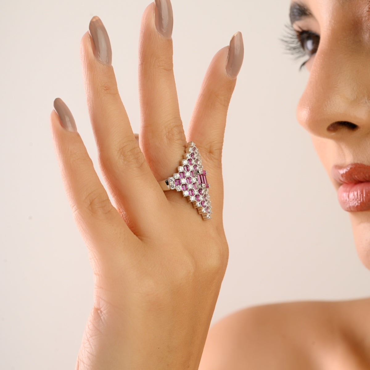 Retro Art Deco Style Silver Ring with Pink and White CZ Studded