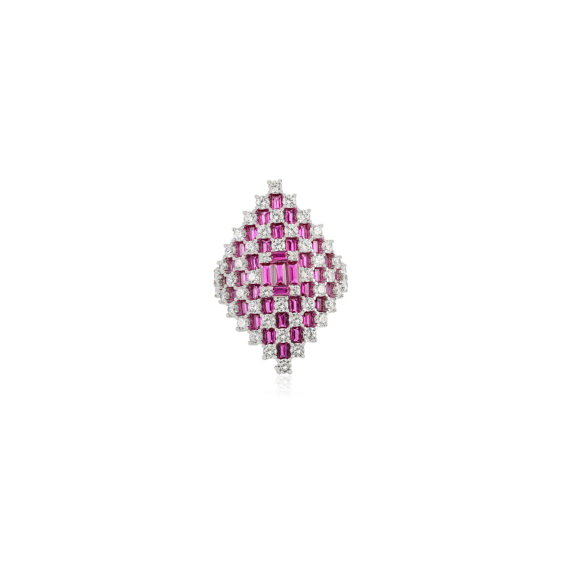 Retro Art Deco Style Silver Ring with Pink and White CZ Studded