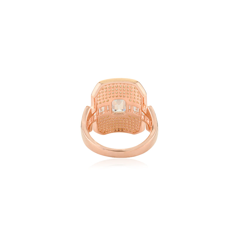 18k Rose Gold Luxurious Art Deco Silver Ring with Baguette CZ