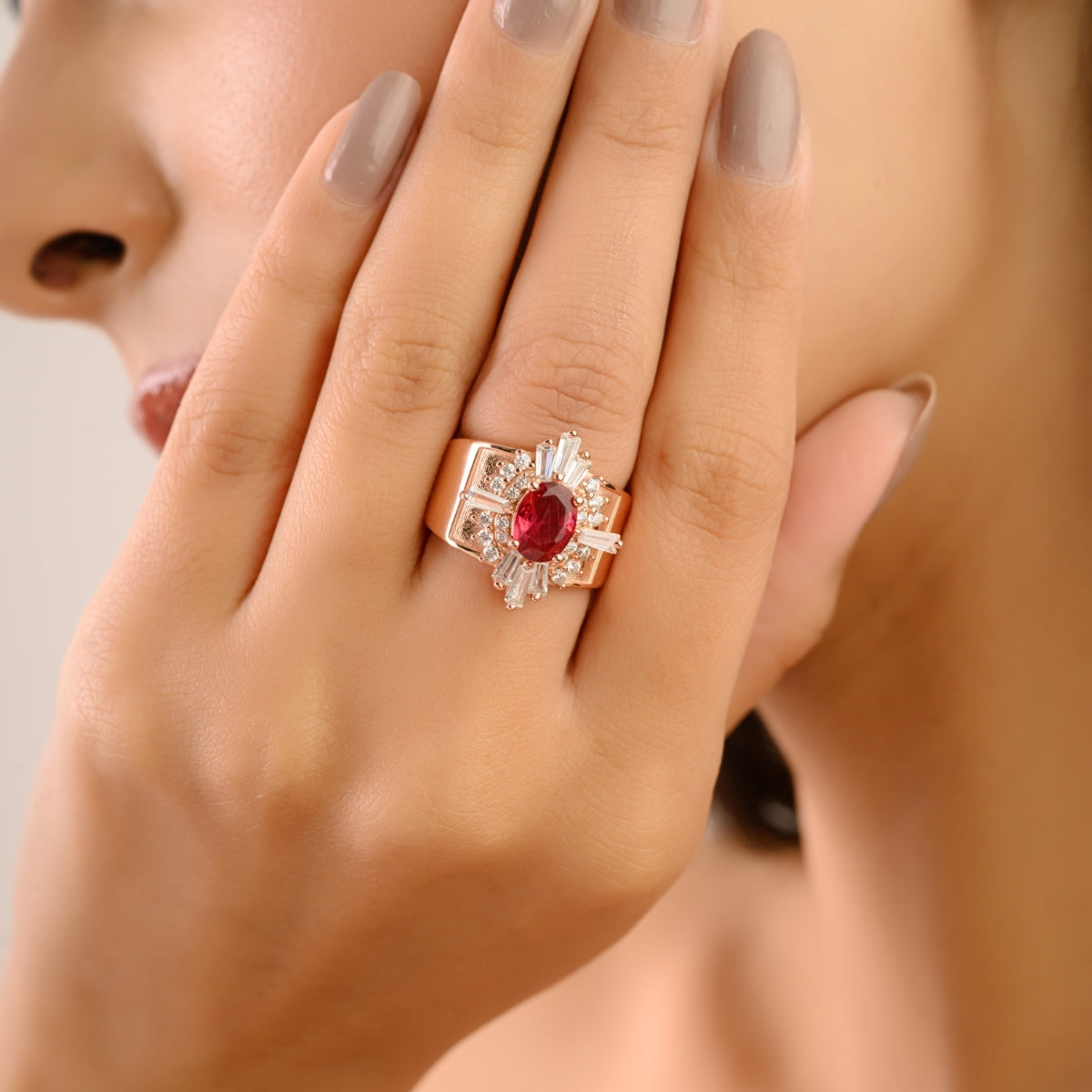 18k Rose Gold Art Deco Chunky Silver Ring Red Oval