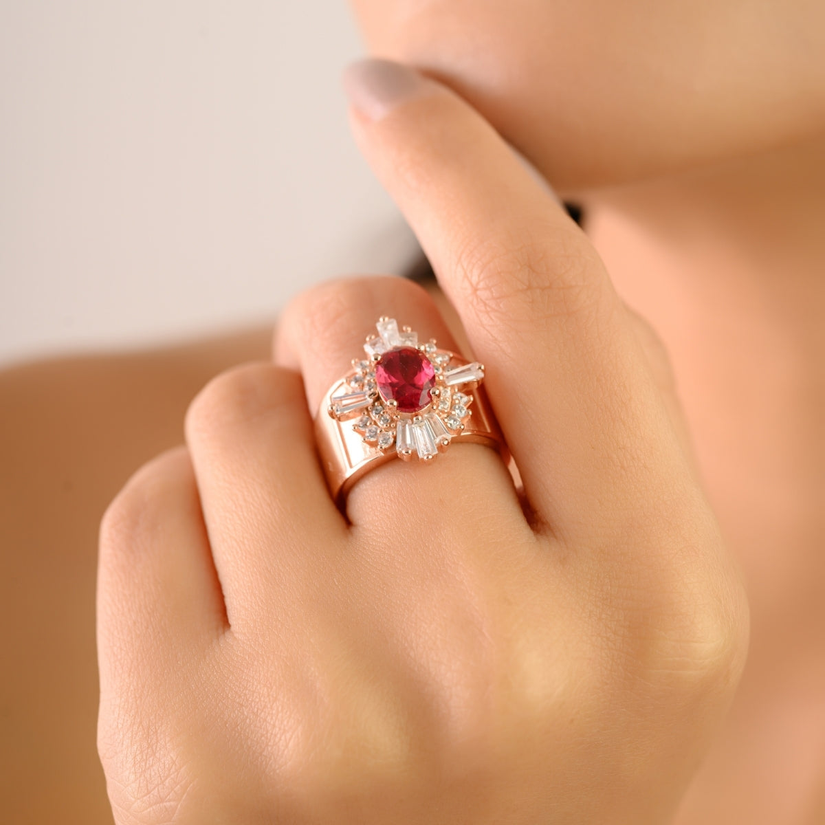 18k Rose Gold Art Deco Chunky Silver Ring Red Oval