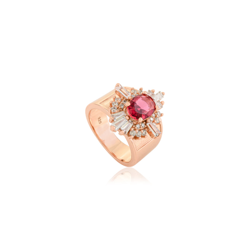18k Rose Gold Art Deco Chunky Silver Ring Red Oval