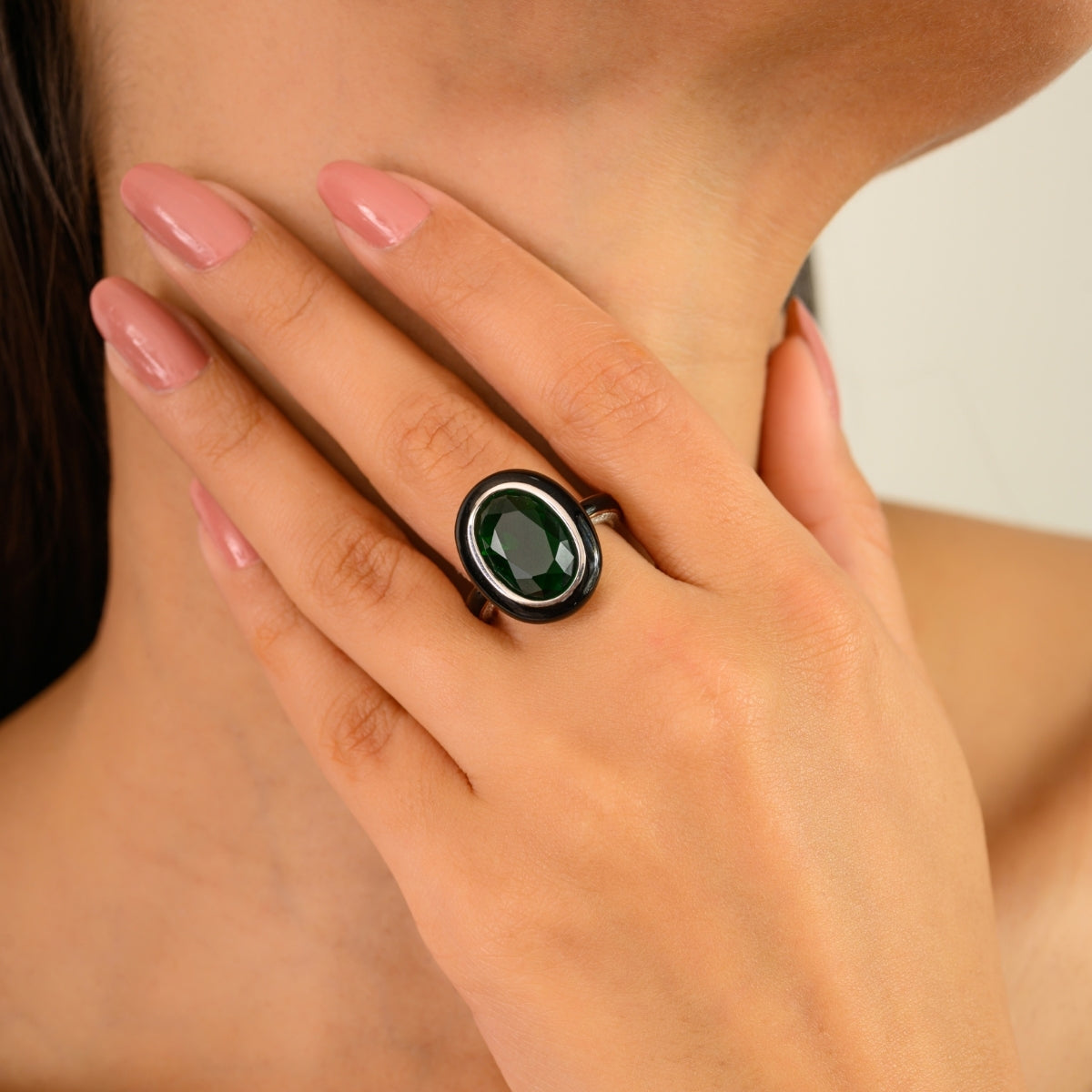 925 Sterling Silver Green Oval Retro Ring