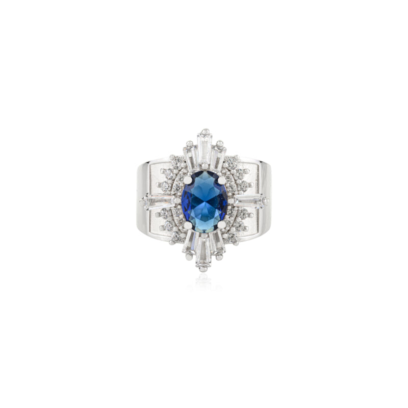 Art Deco Chunky Silver Ring Blue Oval and White CZ