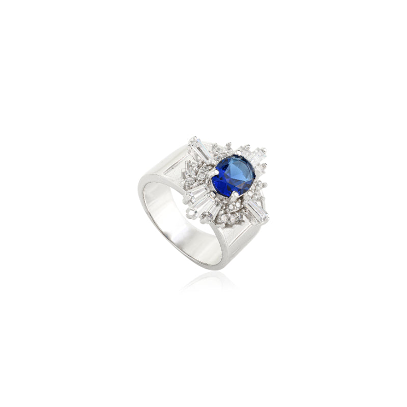 Art Deco Chunky Silver Ring Blue Oval and White CZ