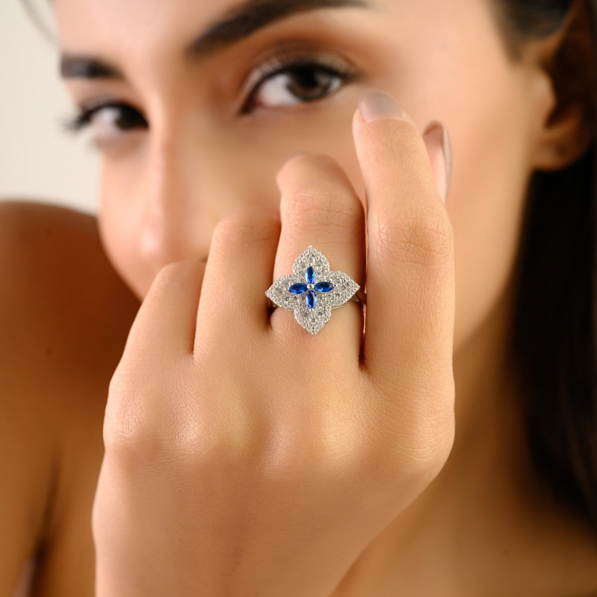 Nature Inspired Floral Minimalist Silver Ring - Blue