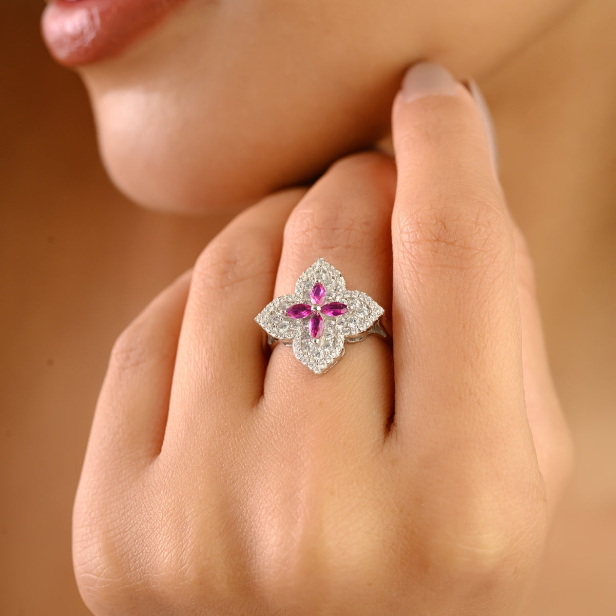 Nature Inspired Floral Minimalist Silver Ring - Pink