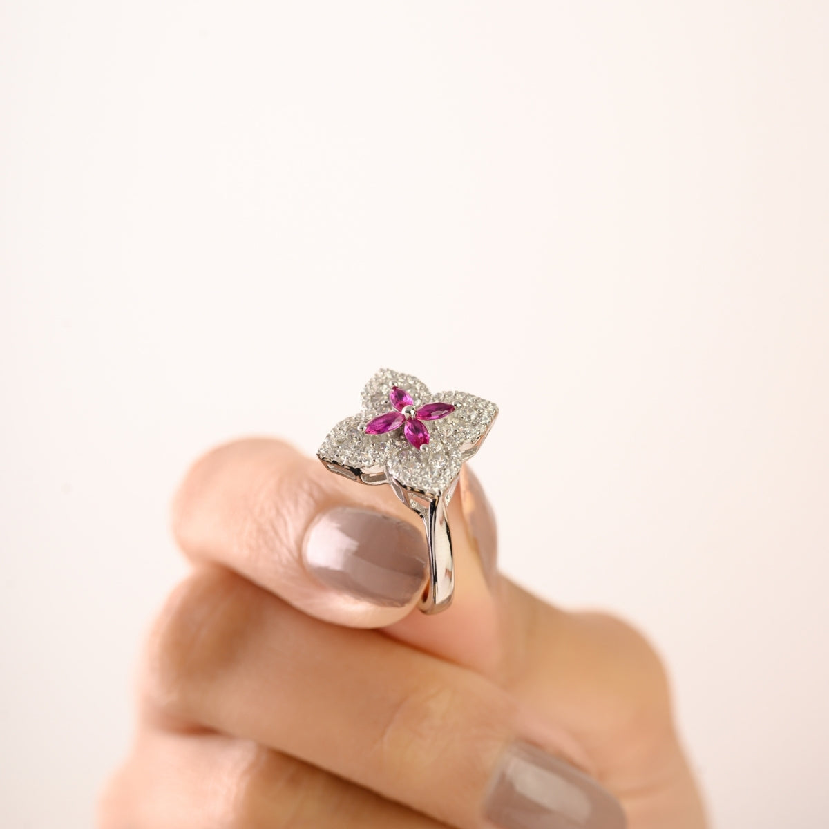 Nature Inspired Floral Minimalist Silver Ring - Pink