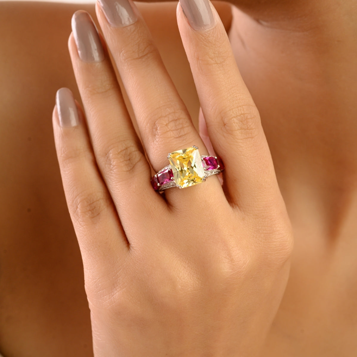 925 Silver Solitaire Dome Ring in Yellow and Pink Crystals