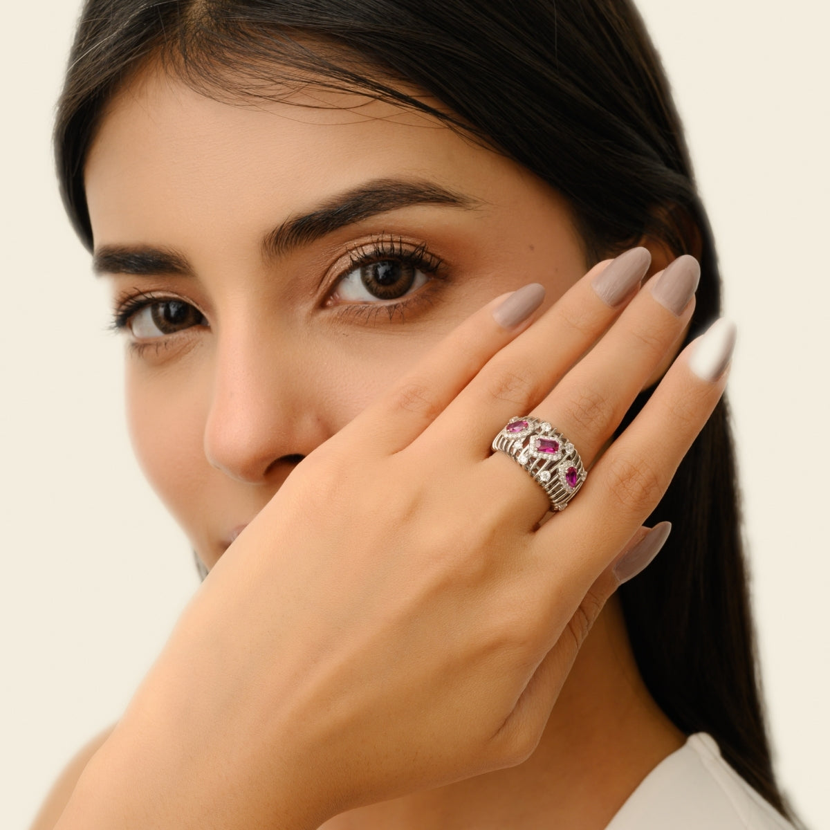 Sculpted Bold Chunky Silver Ring with Multi Cut Pink CZ