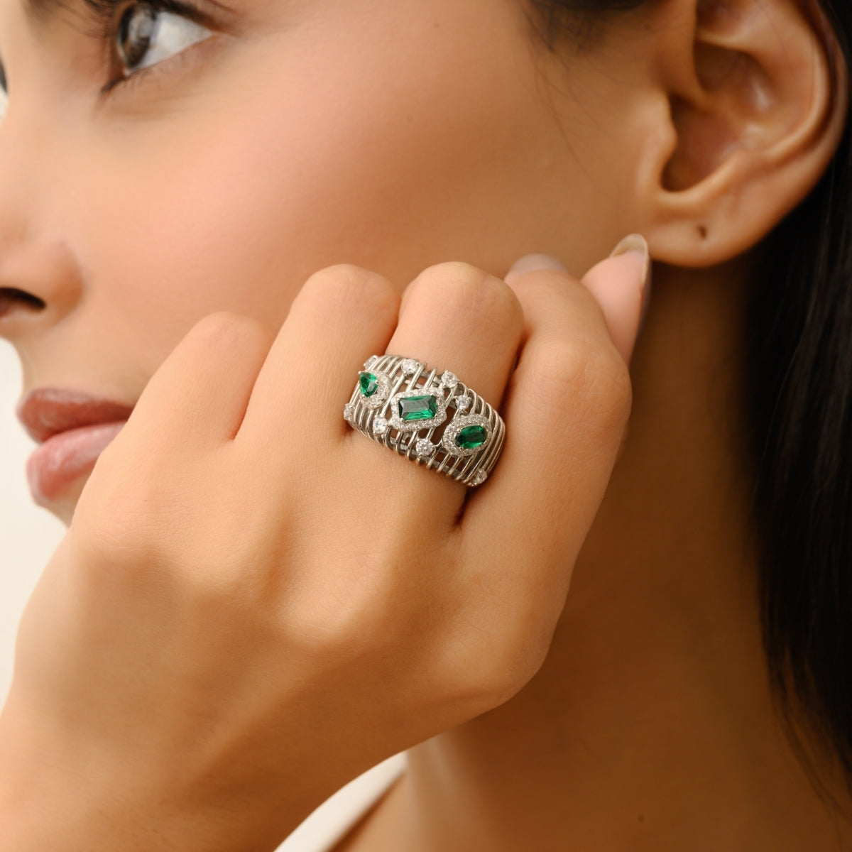 Sculpted Bold Chunky Silver Ring with Multi Cut Green CZ