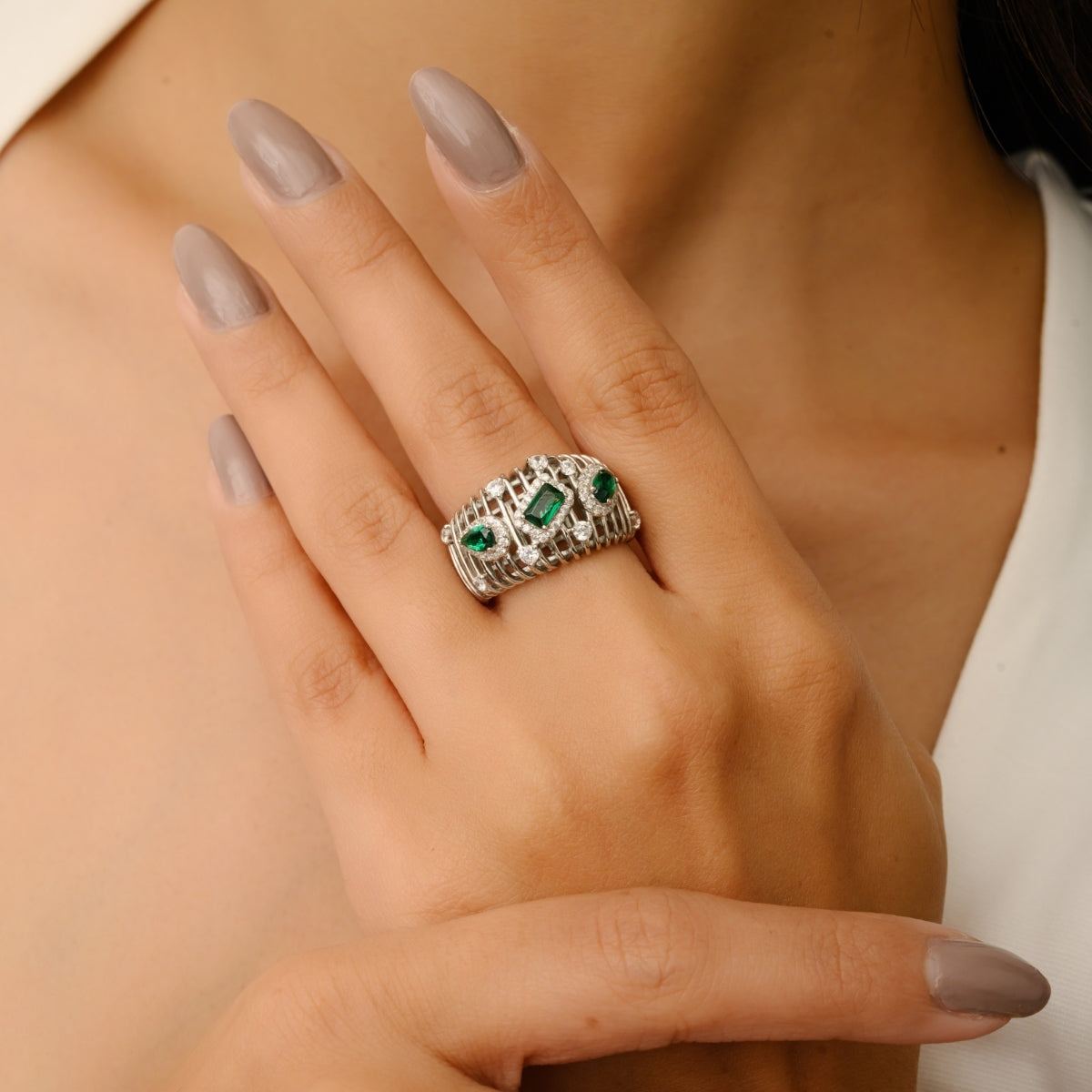 Sculpted Bold Chunky Silver Ring with Multi Cut Green CZ