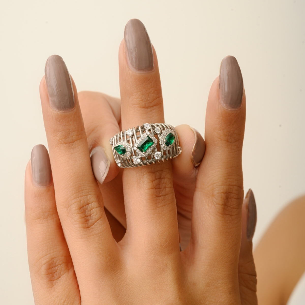 Sculpted Bold Chunky Silver Ring with Multi Cut Green CZ
