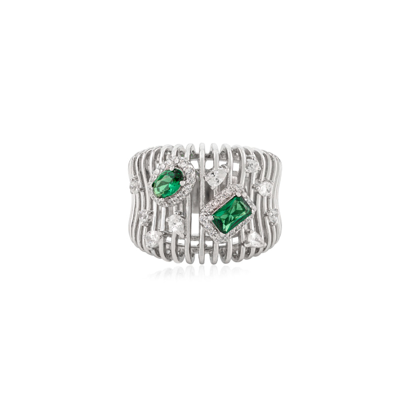 Sculpted Bold Chunky Silver Ring with Multi Cut Green CZ