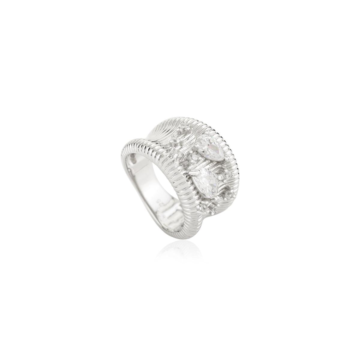 925 Sterling Silver White Ribbed Ring with White Diamond