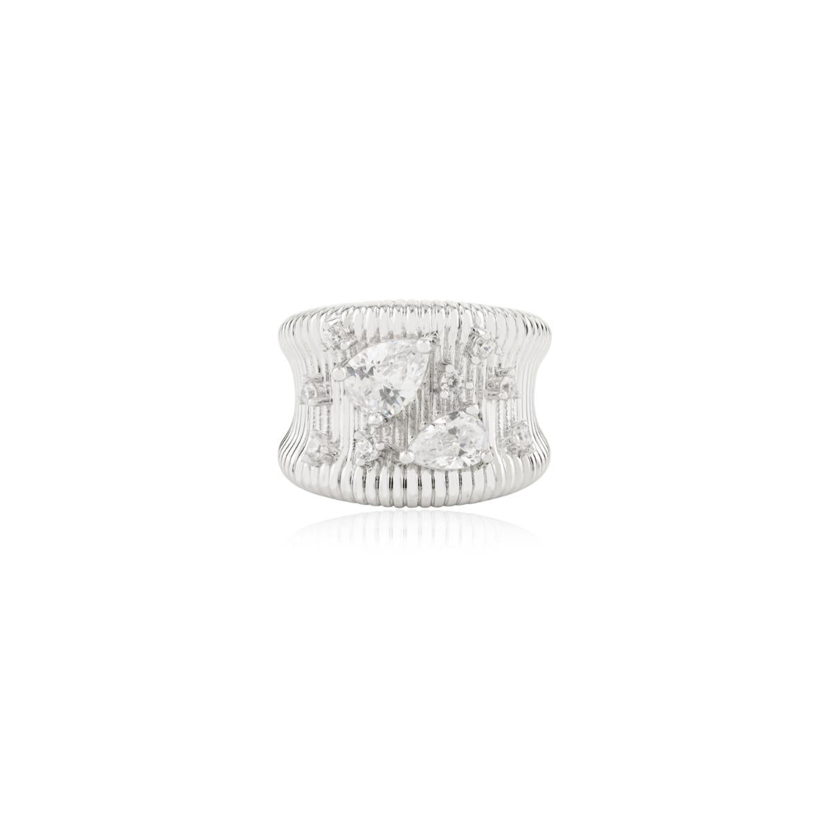 925 Sterling Silver White Ribbed Ring with White Diamond