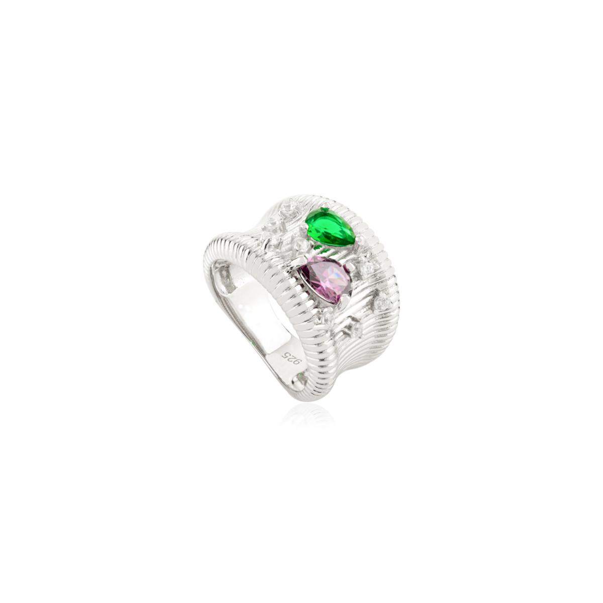 925 Sterling Silver White Ribbed Ring with Colourful Diamond