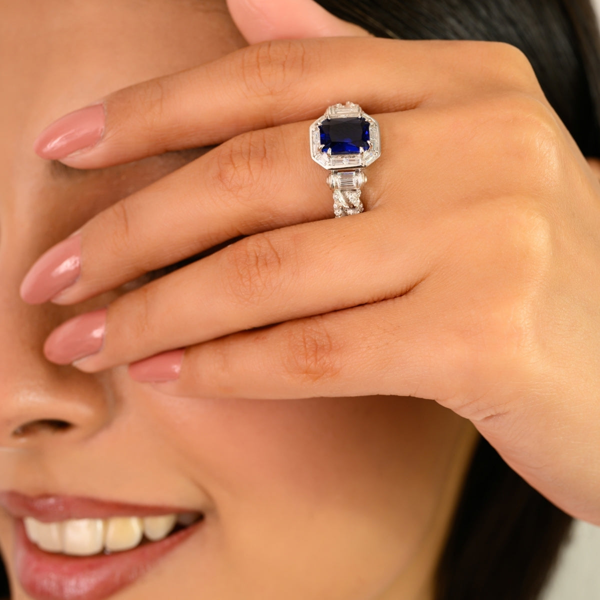 925 Sterling Silver Blue and White Diamond Halo Ring