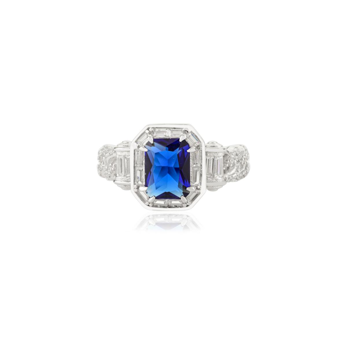925 Sterling Silver Blue and White Diamond Halo Ring