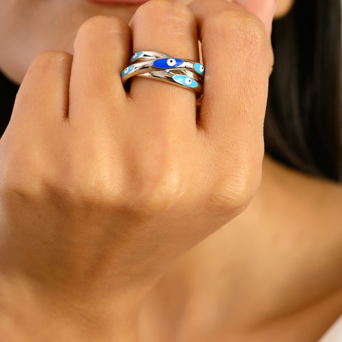 925 Sterling Silver Evil Eye Overlapping Ring