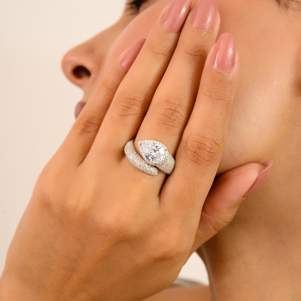 925 Sterling Silver White Diamond Bypass Open Ring