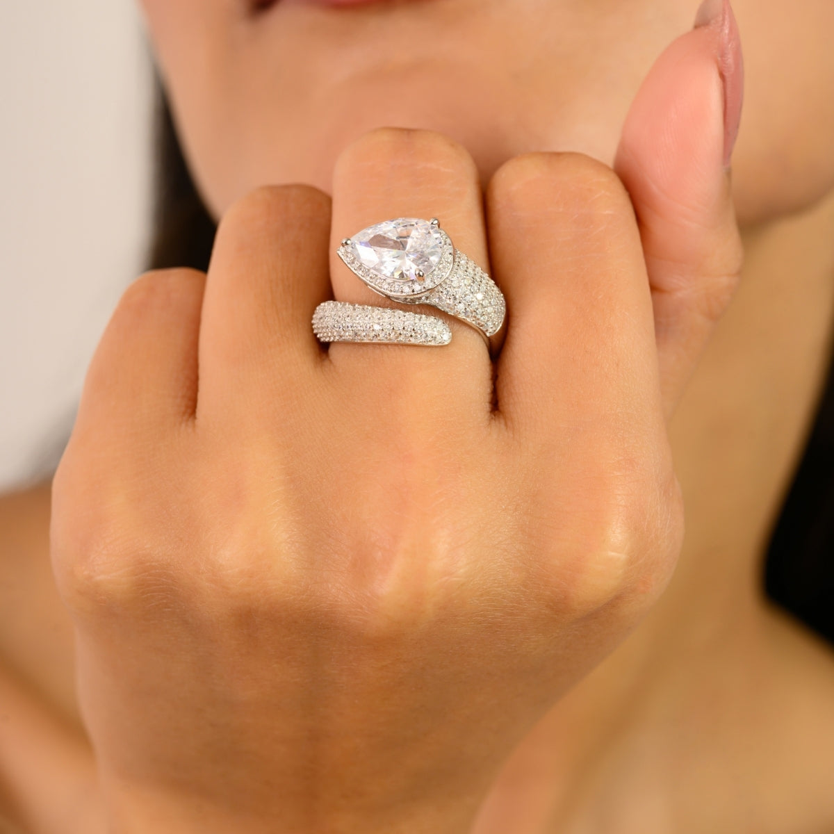 925 Sterling Silver White Diamond Bypass Open Ring