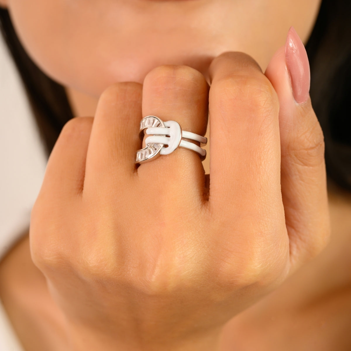 925 Sterling Silver White Enamel Knot Ring