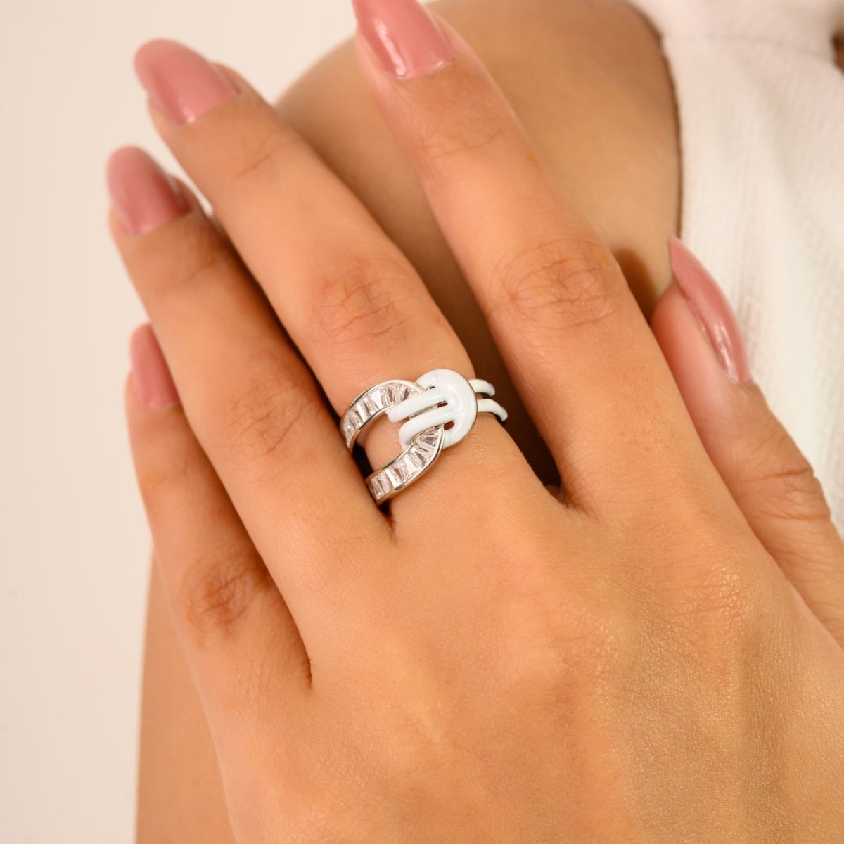 925 Sterling Silver White Enamel Knot Ring