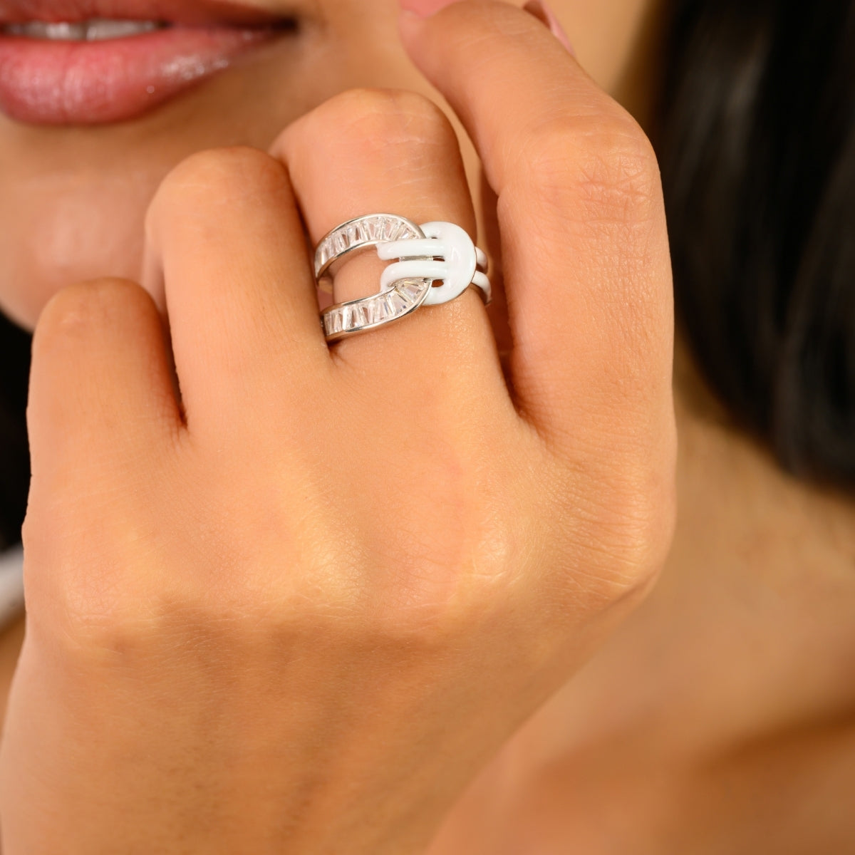 925 Sterling Silver White Enamel Knot Ring