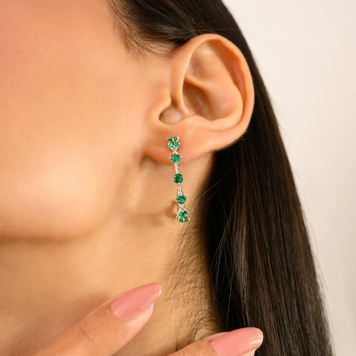 925 Silver White and Green CZ Semi Hoop Earrings