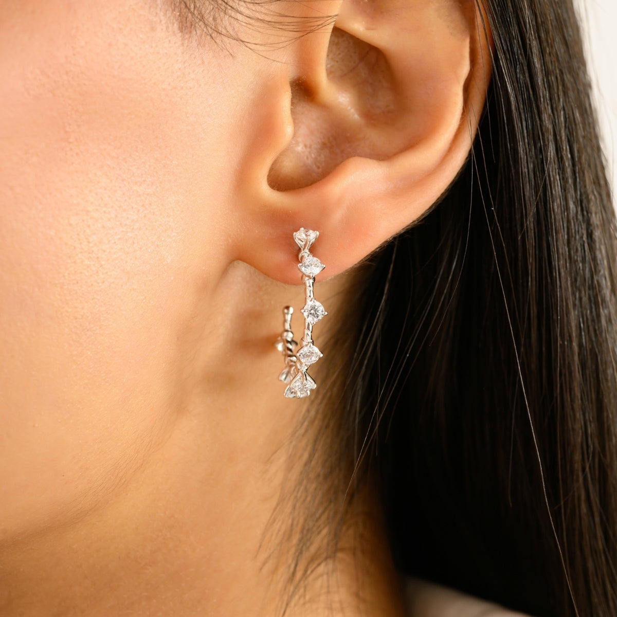 925 Silver White CZ Semi Hoop Earrings