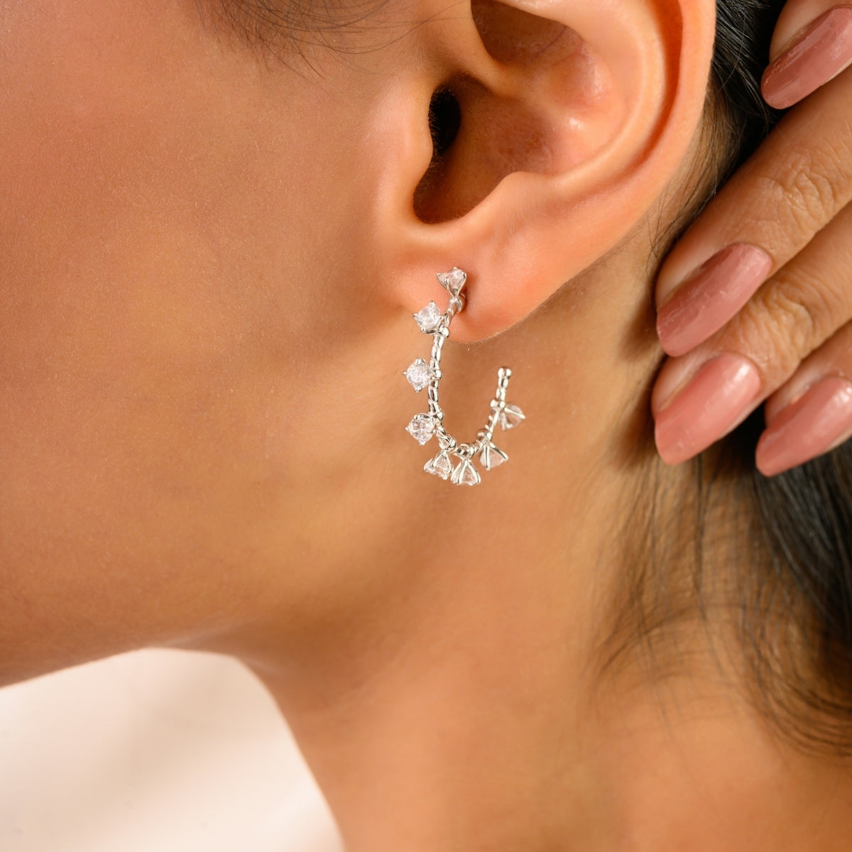 925 Silver White CZ Semi Hoop Earrings