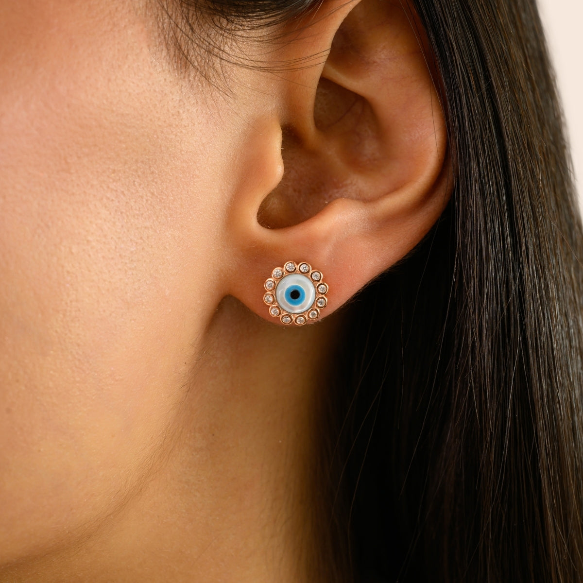 925 Silver Rose Gold Plated White CZ Evil Eye Stud Earrings
