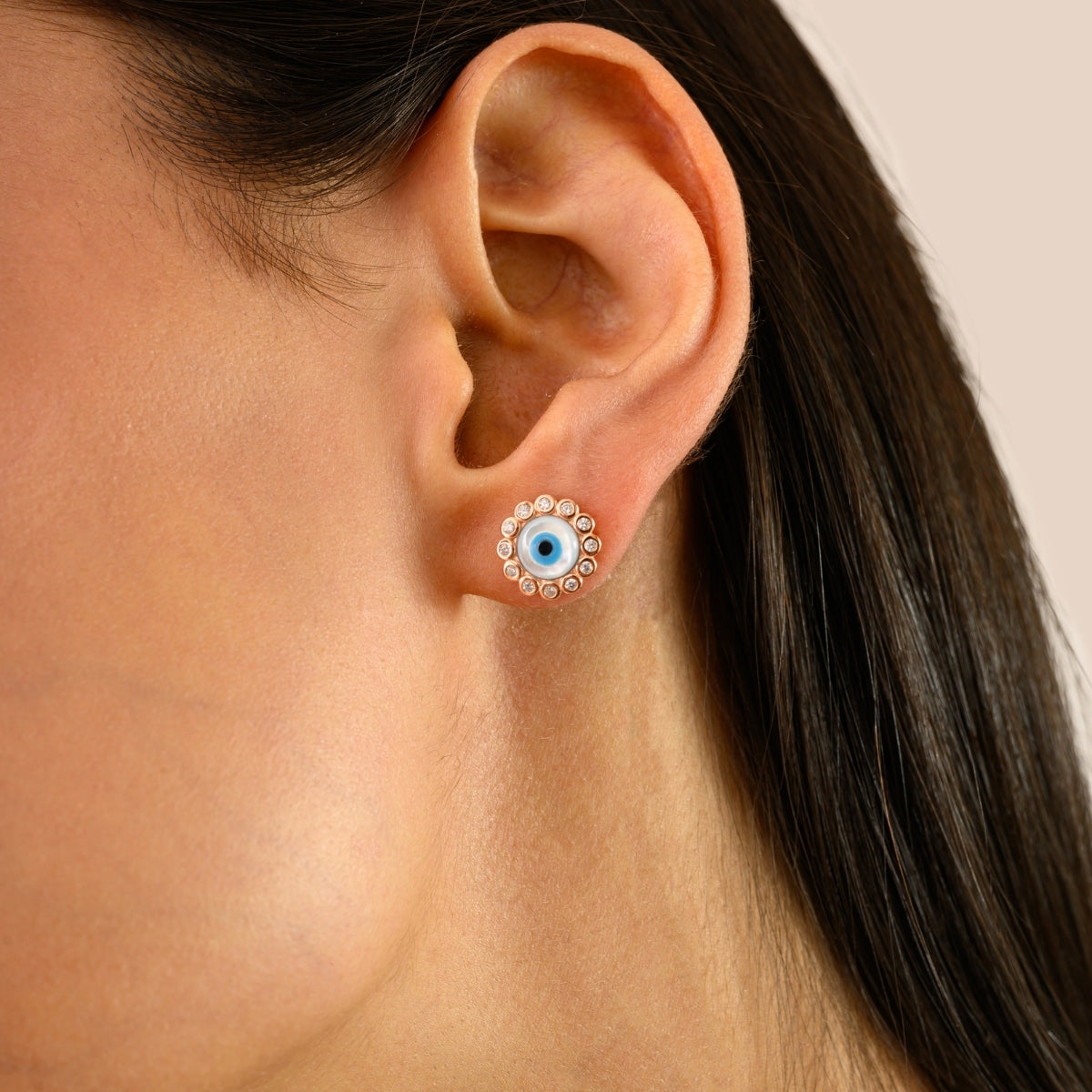 925 Silver Rose Gold Plated White CZ Evil Eye Stud Earrings