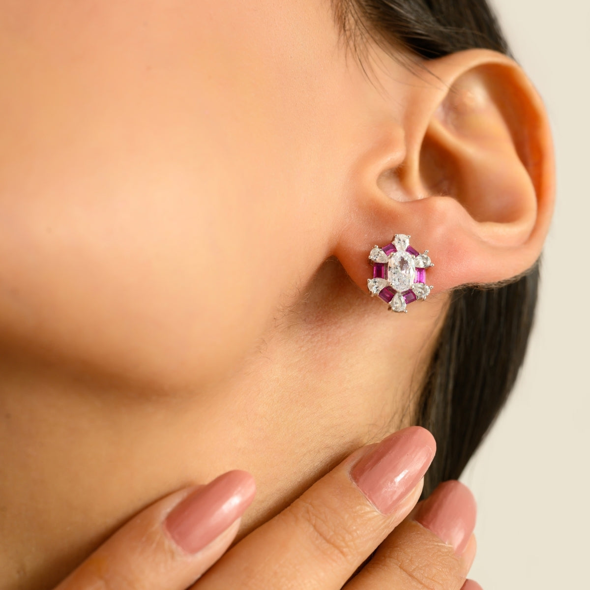 925 Silver White Pink CZ Stud Earrings