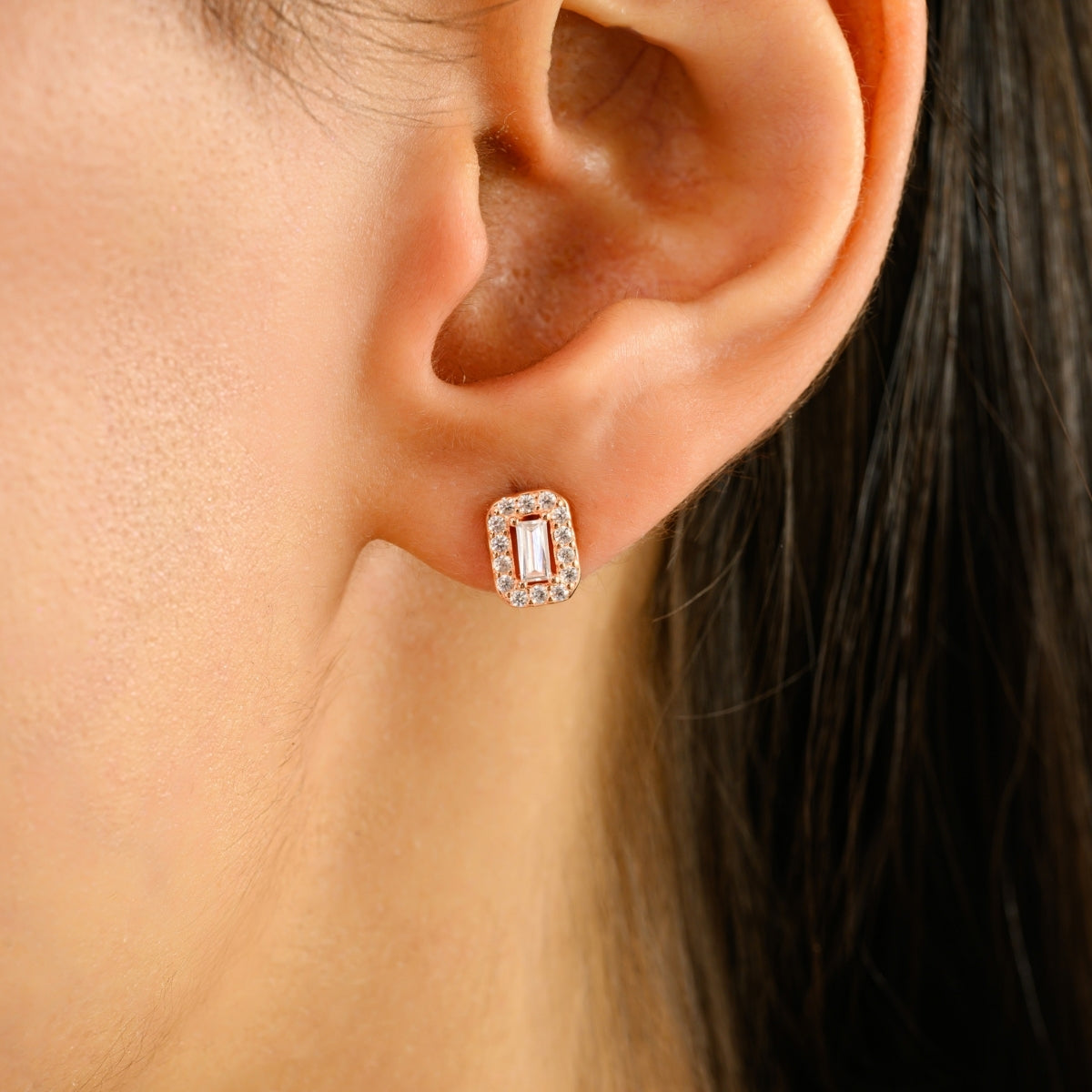 925 Silver White CZ Rose Gold Stud Earrings